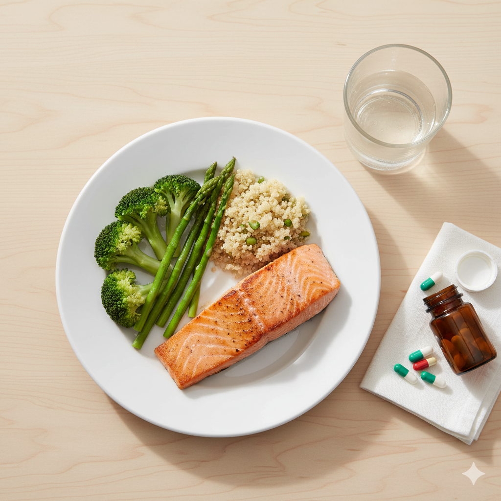 plate of grilled salmon, steamed vegetables, and quinoa